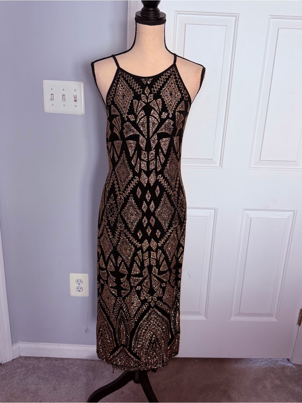 Black and Gold Glitter Sleeveless Evening Dress